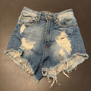 Machine Women's Distressed Raw Cut Frayed Hem Jean Shorts Blue Size Small